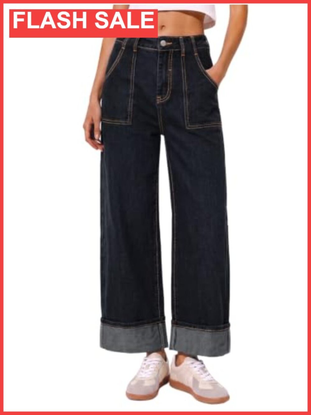 High Waisted Barrel Cuffed Wide Leg Jeans Cotton Lyocell Denim Pants